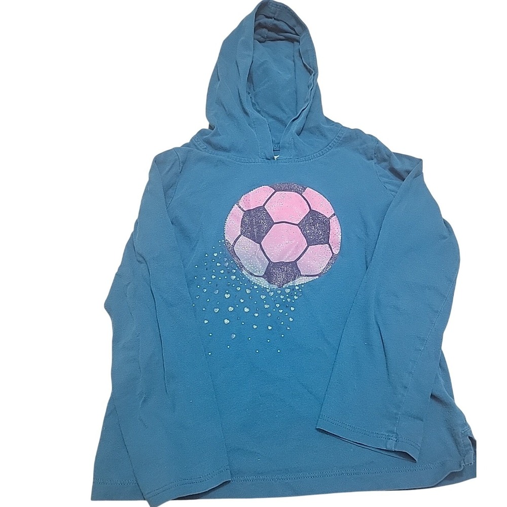 Carters Kid Girls Teal Blue Soccer Ball Glitter Graphic Hooded Long Sleeve Tee 7